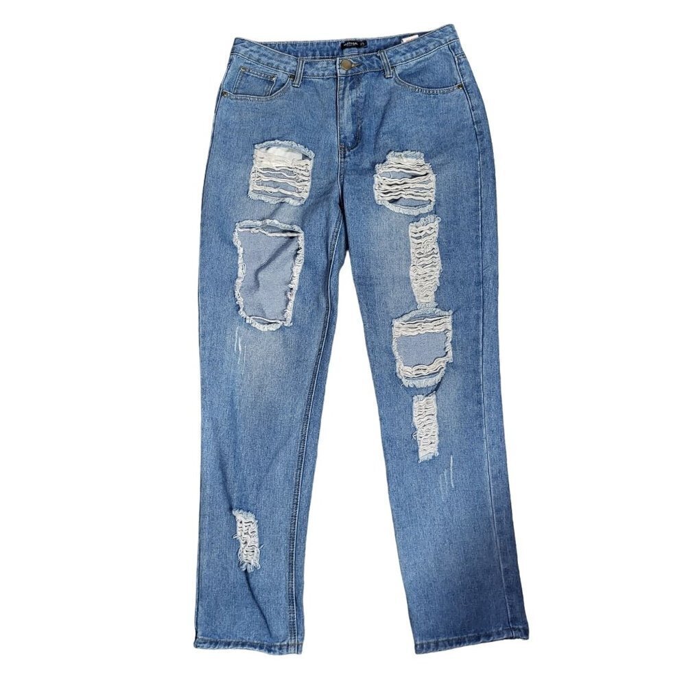 Nasty Gal Womens Size 10 Girl Talk Distressed Shredded Mom Jeans Light Wash
